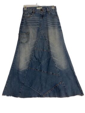 Maurices Denim Maxi Skirt Patchwork Panel Raw Hem Size 1/2